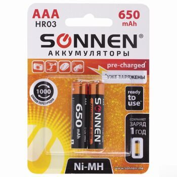 Батарейки аккумуляторные SONNEN, ААА (HR03), Ni-Mh, 650 mAh, 2 шт., в блистере