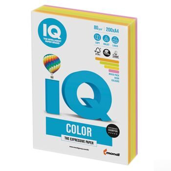 Бумага IQ color, А4, 80 г/м2, 200 л. (4 цв. x 50 л.), цветная неон RB04