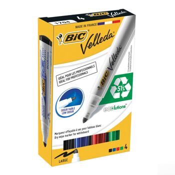 Маркеры для доски BIC, НАБОР 4 шт., АССОРТИ, "Velleda", круглый наконечник, 1,4-5 мм, 904941