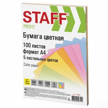 Бумага цветная STAFF color, А4, 80 г/м2, 100 л., микс (5 цв. х 20 л.), пастель, для офиса и дома, 11