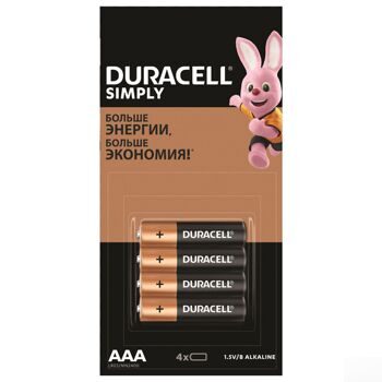 Батарейки КОМПЛЕКТ 4 шт. (отрывной блок), DURACELL Simply, ААА (LR03, 24А), алкалиновые, мизинчиковы