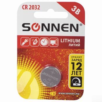 Батарейка SONNEN Lithium, CR2032, литиевая, 1 шт., в блистере