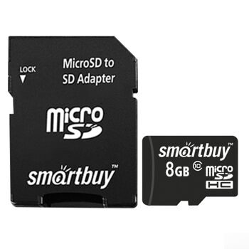 Карта памяти micro SDHC, 8 GB, SMARTBUY, 10 Мб/сек. (class 10), с адаптером, SB8GBSDCL10-01