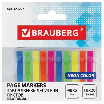 Закладки-выделители листов клейкие BRAUBERG НЕОНОВЫЕ пластиковые, 48х6 мм, 10х20 листов, диспенсер,