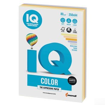 Бумага IQ color, А4, 80 г/м2, 250 л. (5 цв. х 50 л.), цветная, умеренно-интенсив (тренд) RB03