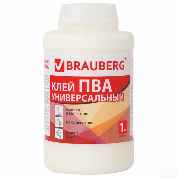 Клей ПВА BRAUBERG, 1 кг, универсальный (бумага, картон, дерево), 600983