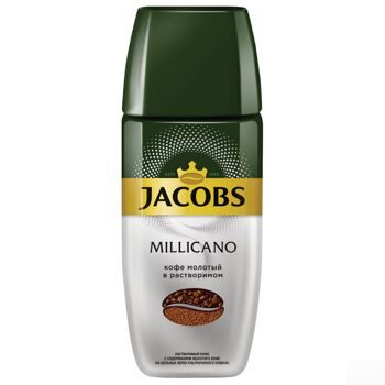 Кофе молотый в растворимом JACOBS "Millicano", сублимированный, 95 г, стеклянная банка