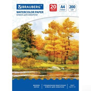 Папка для акварели А4, 210х297 мм, 20 л., BRAUBERG, внутренний блок 200 г/м2, бумага ГОСТ 7277-77, 1