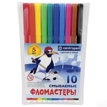 Фломастеры CENTROPEN, 10 цветов, "Пингвины", смываемые, вентилируемый колпачок, полибег, 7790/10